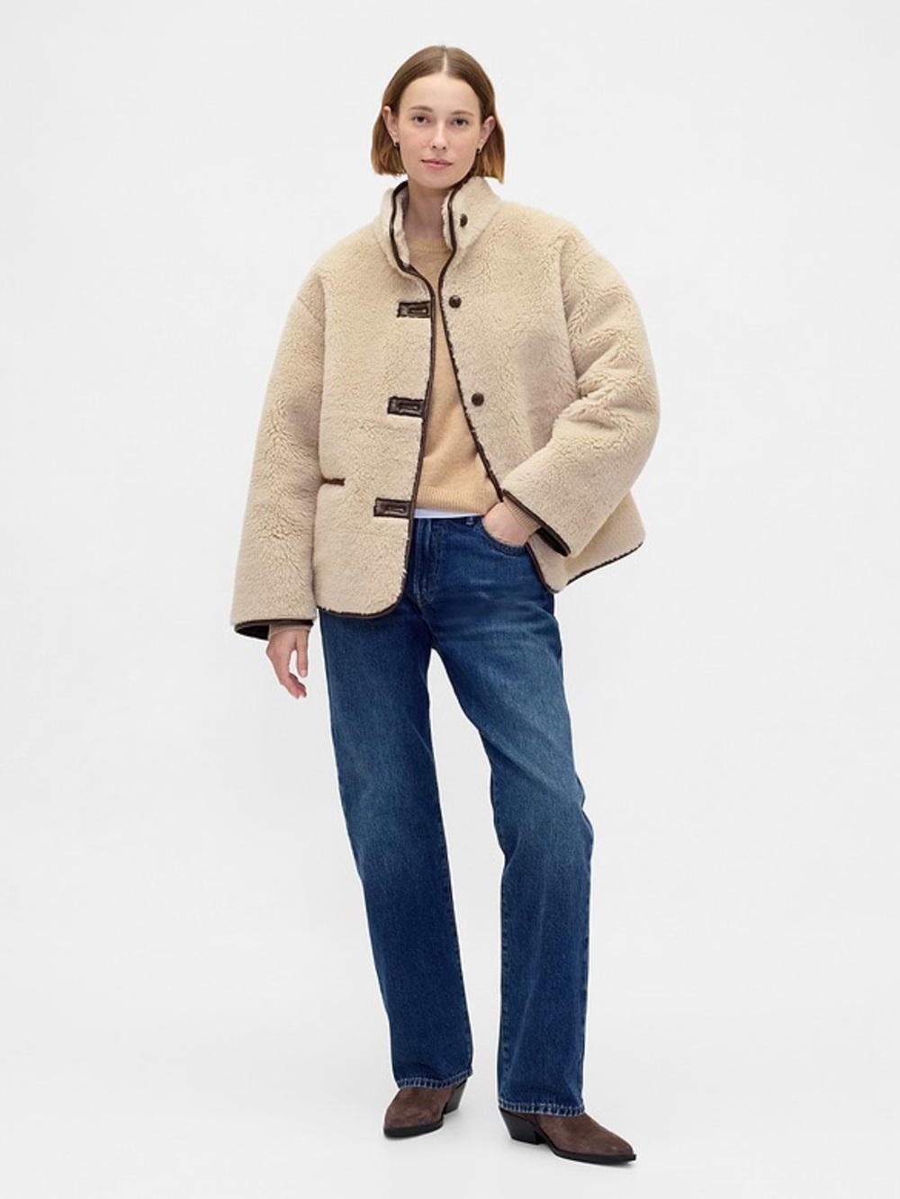 NWT Gap Cream Sherpa & Faux Brown Leather Oversized Jacket Coat Size XS Vegan - Picture 11 of 12
